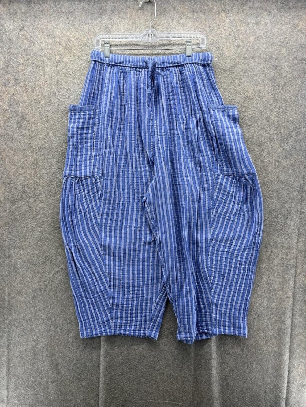 Free People Pants Womens Large Blue Striped Lightweight Harem Crop Pockets